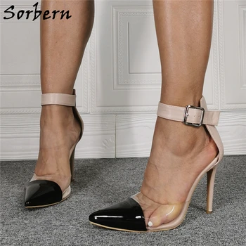  Sorbern Çıplak Patent Kadın Pompaları Yüksek Topuk Sapanlar Sivri Burun Şeffaf kadın ayakkabısı Stilettos Akşam Parti Pompa Topuklu
