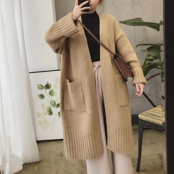  Kadınlar Casual Örme Kazak Kore Uzun Kollu Streetwear Gri Haki Kırmızı Pembe Katı Uzun Hırka Mont V Yaka Sonbahar Kış