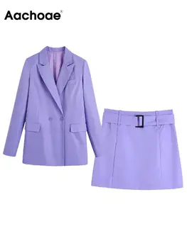  Aachoae Kadınlar Zarif 2 Parça Setleri Ofis Giyim Kruvaze Uzun Kollu Blazers Suits Ve Yüksek Bel A Line Mini Etekler