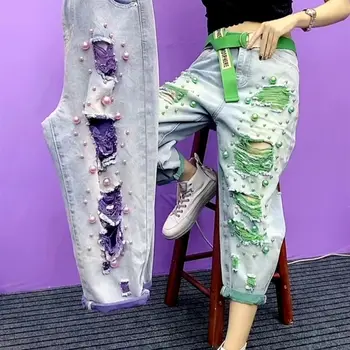  Yaz Kadın Yeni Moda Boncuklu Delik Gevşek Kot Bayanlar Yüksek Bel Kişilik Ince Denim Harem Pantolon Y2k Anne Ripped Jean Yeşil