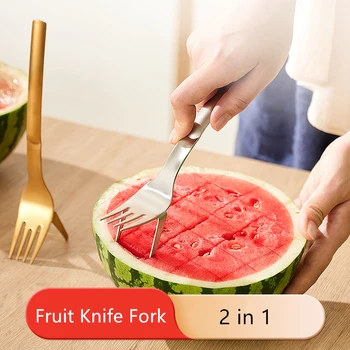  Yaratıcı Karpuz Bıçak Çatal 2 İn 1 Paslanmaz Çelik Altın Meyve Dilimleme Araçları Pratik Ev Gadget Mutfak Aksesuarları