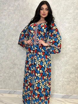  Türkiye Müslüman Elbise Kadınlar Abaya Jalabiya Fas Çiçek Baskı Parti Elbiseler Uzun Kaftan Femme Musulmane Jilbab Başörtüsü Vestidos