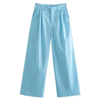  Elmsk 2022 Yüksek Bel günlük pantolon Vintage Moda Gök Mavisi Geniş Bacak Pantolon Kadın