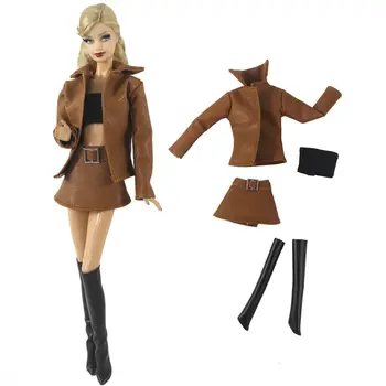  1/6 BJD Bebek Kahverengi Deri Elbise Barbie Giysileri Kıyafetler Set Ceket Ceket Tankı Üstleri Etek Çizmeler 11.5 