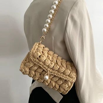  El yapımı Halat Tığ kadın askılı omuz çantası Tasarımcı Örgü Kadınlar için Crossbody Çanta Çanta İnciler Zincirler tek kollu çanta Tote 2022