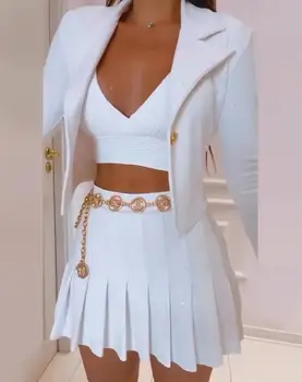  2 Parça Etek Setleri Yaz Kıyafeti Kadın Düğmeli Uzun Kollu Blazer Ceket Zinciri Dekor Pilili Etek Takım Elbise Zarif Ofis Kıyafeti