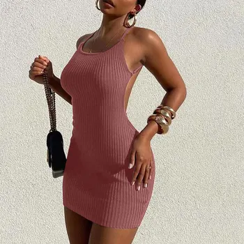  Kadın Yaz Spagetti Kayışı Nervürlü Örme Bodycon Mini Elbise Seksi Aç Geri Düz Düz Renk Wrap Kalça Kokteyl Parti Clubwear