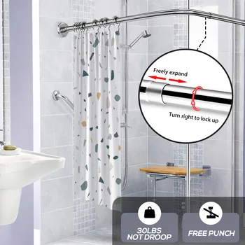  U Şekilli Duş Perdesi Çubuk Uzatılabilir Kavisli 201 Paslanmaz Çelik Duş Perdesi Direkleri Punch-Ücretsiz Banyo perde Rayı 6 Boyutu