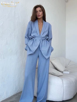  Clacive Sonbahar Moda Gevşek Mavi Iki Parçalı Setleri Kadın Outifits Rahat Uzun Kollu Dantel-Up Gömlek Yüksek Bel Geniş pantolon seti