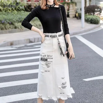  Rahat Yırtık Beyaz Kot İmparatorluğu A-line Etek Üç Boyutlu Dekorasyon Baskı Orta buzağı kadın giyim Kore Moda