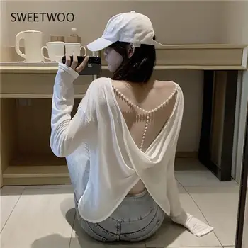  Seksi Çapraz Backless İnci Boncuklu Bluz Gömlek Zarif Ofis Bayan Uzun Kollu Üstleri Kazak Kadın Moda Hollow Out Gömlek Blusa