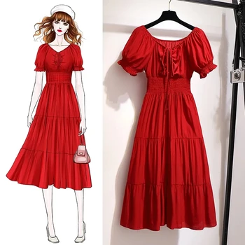  Kırmızı şifon elbise kadın büyük boy 2021 yaz yeni stil moda streç yüksek bel zarif mizaç orta uzunlukta elbise