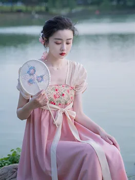  Kadın Yaz Çin Tarzı Nazik Retro Hanfu Elbiseler Bayan Şık Çiçek Tüp Üst Ekleme Retro Elbise Günlük Hanfu Vestidos