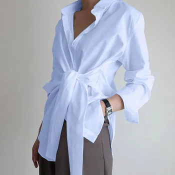  Moda Kadın Gömlek 2022 Uzun Kollu Turn-aşağı Yaka Dantelli Katı Casual Tops Ofis Bayanlar için kadın Zarif Bluzlar