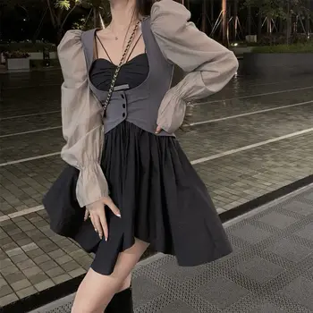  Gotik Vintage 2 Parça Elbise Kadın Lolita Y2k Mini Elbise Rahat Kore Tarzı Elbise Askısı Tatlı Kawaii Takım Elbise Slim 2022 Bahar Set 