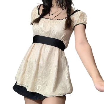  y2k Fairycore Dantel Bir Çizgi Elbiseler 2022 Yaz Kadın Kontrast Kare Yaka Puf Kollu Vintage Estetik Kawaii E Kız Elbise