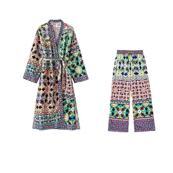  Tatil Geometrik Baskı 2 Adet V Boyun Uzun Kimono Ceket Elbise Kemer + Yüksek Bel Geniş Bacak Pantolon Moda Boho Takım Elbise