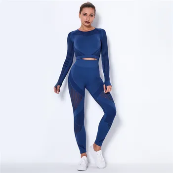  Dikişsiz Aktif Giyim Kıyafet Suit Hollow Out Spor Giyim Seti Uzun Kollu Üst Ve Tayt Seti Kadın Koşu egzersiz kıyafetleri