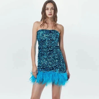   Kadınlar Seksi Straplez Yeni Varış Mavi Shinning Sequines Bodycon Mini Elbise Tüyler Bar Şarkıcı Gece Kulübü Parti Kostüm Vestido
