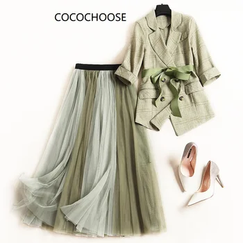  Zarif Kadın İş Kıyafetleri Yaz 2022 Kruvaze Blazer Takım Elbise Ekose Ceket ve Uzun Tül Tutu Etek 2 Parça Set Yeşil