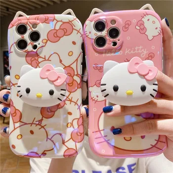  Kedi Kulaklar Hello Kitty 3D Standı ile Telefon Kılıfları iPhone 14 13 12 11 Pro Max Mini XR XS MAX X Arka Kapak