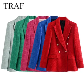 TRAF Kadın Ceket Ekose Doku Katı Kruvaze Blazer Çentikli Ceket Ofis Giyim Uzun Kollu Cep Zarif Şık Dış Giyim
