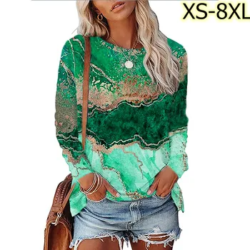  Vintage Bahar Baskı Tee Moda Kadın Gömlek Sonbahar Bluz Üst Rahat Tam Uzun Kollu Kazak T-shirt 8xl y2k