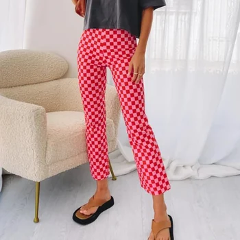  Y2K Vintage Pantolon Rahat 90s Kadın Lorelaı Kontrol Sıska Uzun Pantolon Yüksek Bel Ekose Baskılı İnce Flare Pantolon E-kız Moda