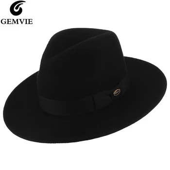  GEMVIE Unisex %100 % Yün Siyah fötr şapka Grogren Şapka Kadınlar Için / Erkek Gangster Caz Kap Geniş Ağız Sonbahar Kış Panama