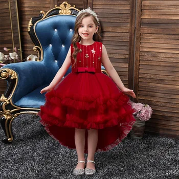  Çocuk kız yeni yıl kırmızı işlemeli çiçekler resmi kuyruk elbise çocuk zarif doğum günü partisi elbisesi 3-14 yaşında