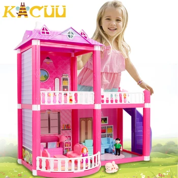  Bebek DIY Bebek evi Oyuncaklar Pembe Araya Prenses Villa El Yapımı İnşaat Casa Minyatür Mobilya Dollhouse Çocuk Hediye İçin