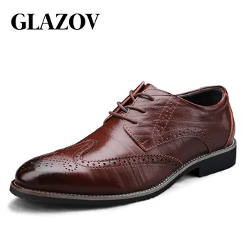  GLAZOV Yüksek Kalite Yeni Erkekler Oxford Hakiki Deri Elbise Ayakkabı Brogue Lace Up Flats Erkek rahat ayakkabılar Siyah Kahverengi Büyük Boy 38-48
