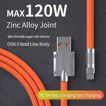  120W 6A Süper Hızlı Şarj Tipi C Sıvı Silikon Kablo Hızlı Şarj USB Kablosu Xiaomi Huawei Samsung için Piksel USB Şarj Kabloları