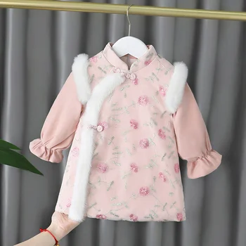  Kız Giysileri Sonbahar ve Kış Yeni Cheongsam Artı Kadife Elbise Bebek Çin Tarzı Çiçek 3 Yaşında Moda