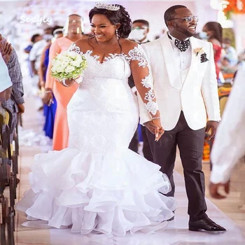  Afrika Artı Boyutu Mermaid düğün elbisesi 2022 Uzun Kollu Beyaz Organze Ruffles Nijerya Ülke Dantel Gelinlikler Tren İle