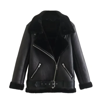  PB & ZA 2022 Kışlık Mont Kadın Sıcak Kalın Suni Deri Kürk Ceket Kadın PU Ceket Siyah Fermuar Havacı Ceketler femm Outwear2969241