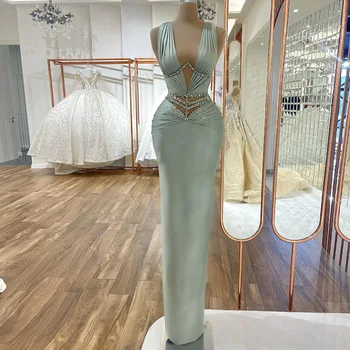  Modern Gece Elbisesi Uzun Lüks 2022 Saten Trompet Kolsuz Kokteyl Elbiseleri Kadınlar İçin Kat Uzunluk O-boyun Fermuar فستان سهرة
