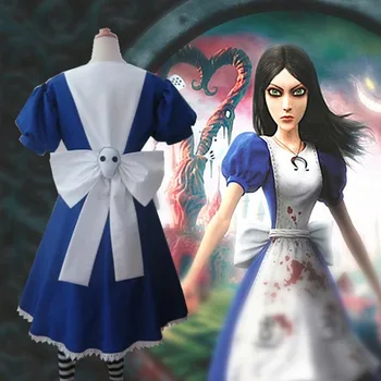  Cosplay Hizmetçi Kıyafeti Lolita Oyunu Çılgın Dönüş Cadılar Bayramı Elbiseler Tage Performans Yay Kontrast Mavi ve Beyaz Elbise