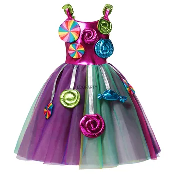  Çocuklar Kız Prenses Gökkuşağı Şeker Kostüm Işıltılı Örgü Gökkuşağı Tutu Elbise Cadılar Bayramı Cosplay Karnaval Fantezi Doğum Günü Partisi Kıyafeti