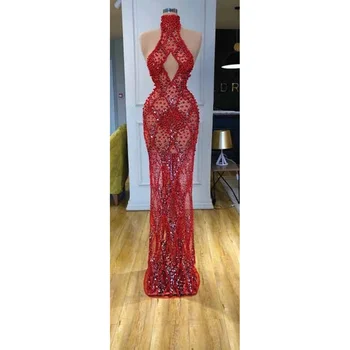  Seksi Kırmızı Kolsuz balo kıyafetleri Yüksek Boyun Sparkly Boncuk Cut - Out Kat Uzunlukta Abiye giyim Kadınlar İçin Özel Vestidos De Gala
