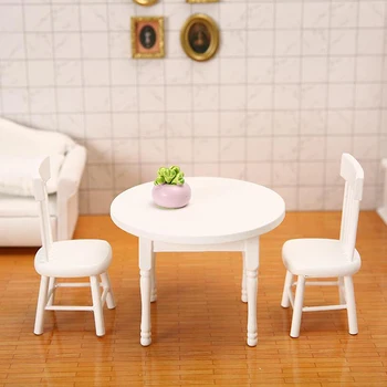  1/12 Dollhouse Minyatür Mobilya Beyaz Ahşap yemek masası Sandalyeler Model Oyuncaklar Oturma Odası Pretend Bebek Evi Aksesuarları