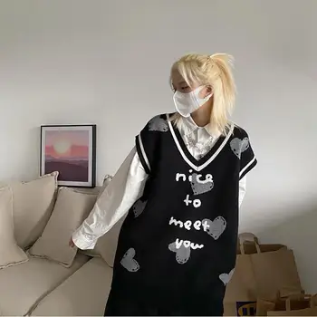  Deeptown Japonya Goth Mektup Baskı Kazak Yelek Kadın Kalp Grafik Jumper Goth Tarzı Büyük Boy Streetwear Sonbahar Kış Giysileri