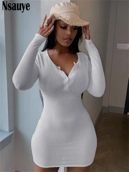 Nsauye Kış Uzun Kollu Temel rahat elbise Bodycon Beyaz İnce Moda Seksi Kulübü Şerit Örme Parti Elbise Kadın Kıyafetleri 2022