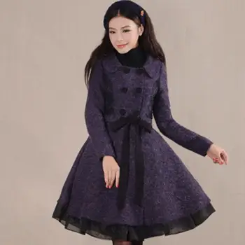  Kış kadın moda kruvaze dikiş vintage ince yün palto bayanlar yün karışımı