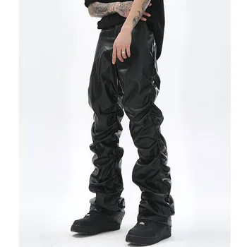  Hip Hop Erkek Pilili Pu deri pantolon Harajuku Retro Streetwear Gevşek Dantelli günlük pantolon Düz Düz Renk Siyah Pantolon