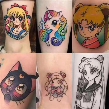 36 adet Küçük Karikatür Geçici dövme Çıkartma Seti Erkekler Kadınlar Çocuklar için Su Geçirmez Sevimli Sailor Moon Kedi Sahte Dövme Seksi Dövmeler