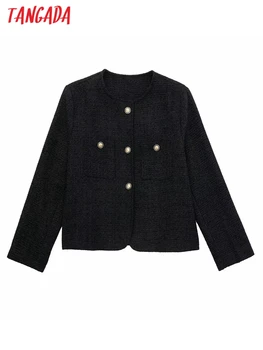  Tangada Kadınlar 2022 Ön Metal Düğme Tüvit Ceket Ceket Vintage O Boyun Uzun Kollu Kadın Giyim 3H558