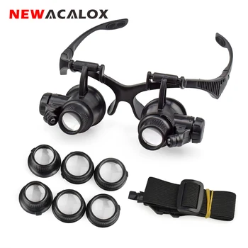  NEWACALOX 10X 15X 20X 25X Taşınabilir Baş Giyen Büyüteç Takı için Çift Göz Onarım Araçlar İzle 2 ile/8 LED Lens