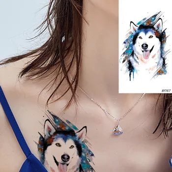  VANKIR Suluboya Mavi Geçici Dövme Etiket Kadın Vücut Kol Göğüs Kurt Flaş Sahte Dövmeler Köpek Husky Pet Dövme Malzemeleri Sanat