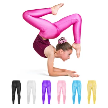  Çocuk Kız Parlak Metalik Katı dar pantolon Tayt Bale Paten Yoga Jimnastik Sahne Performansları Dans Kostümleri